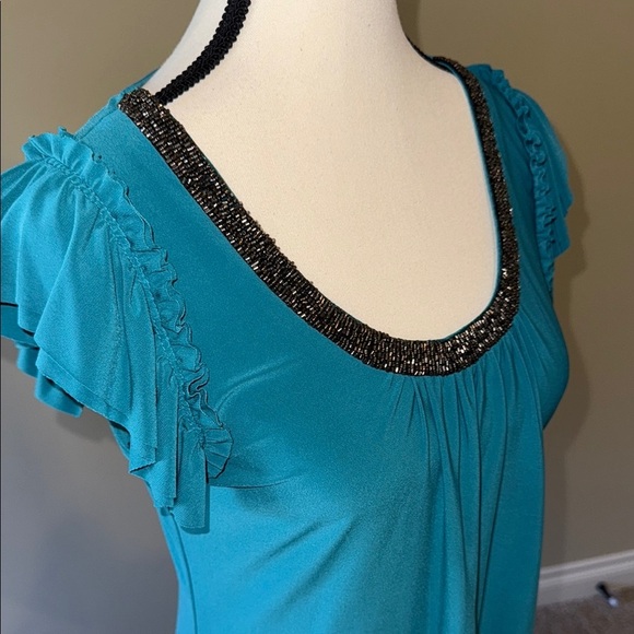 Clientele Shirt Embellished Short Flutter Sleeve Asymmetric Tunic Teal Burgundy - Picture 3 of 15